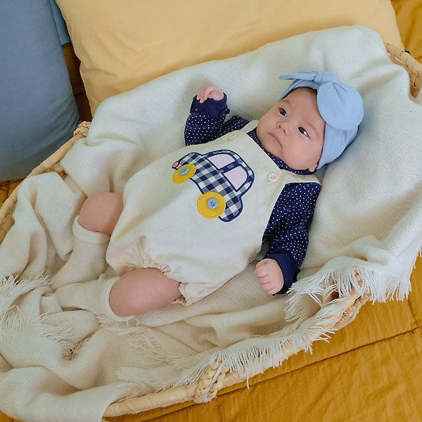 Vroom Vroom Denim Bodysuit Korean infant bodysuit in cream made in Korea