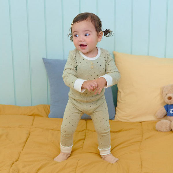 Shu Shu Polka Dot Loungewear Korean infant loungewear in mint(cream) made in Korea