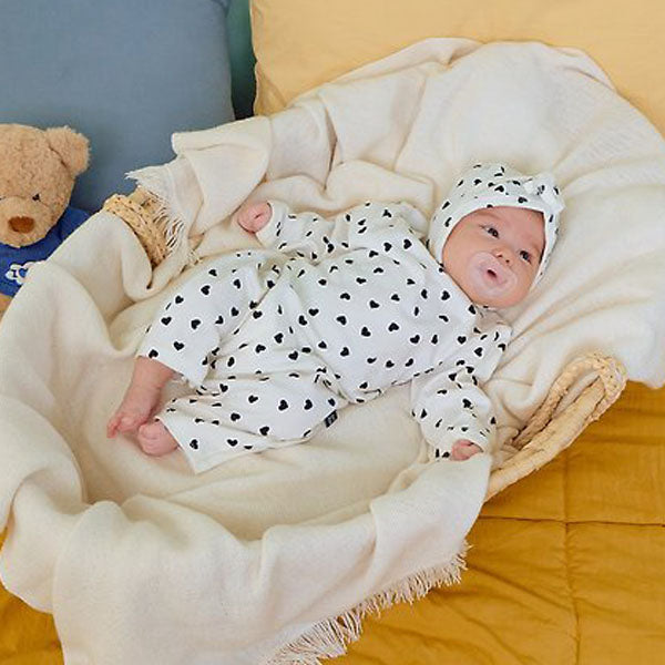 Petite Heart Full-Length Bodysuit & Bonnet Set Korean infant bodysuit in red heart made in Korea
