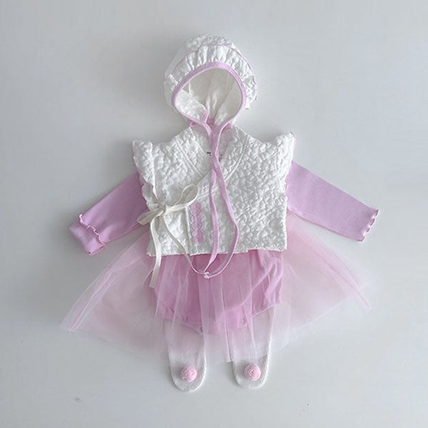 Bebe Ruffle Girl Hanbok Vest, Bodysuit & Ruffle Bonnet Set Korean infant bodysuit in solid color made in Korea