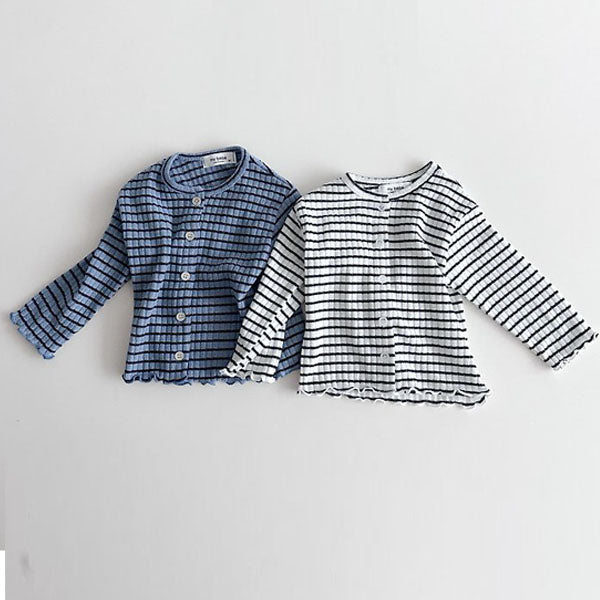Stripe Lettuce-Edge Cardigan Korean infant sweater in ivory made in Korea
