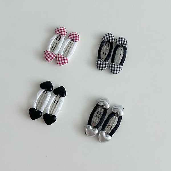 Heart Double Snap Hair Clips Korean infant  in red check made in Korea