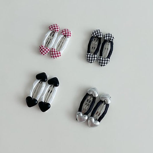 Heart Double Snap Hair Clips Korean infant  in red check made in Korea