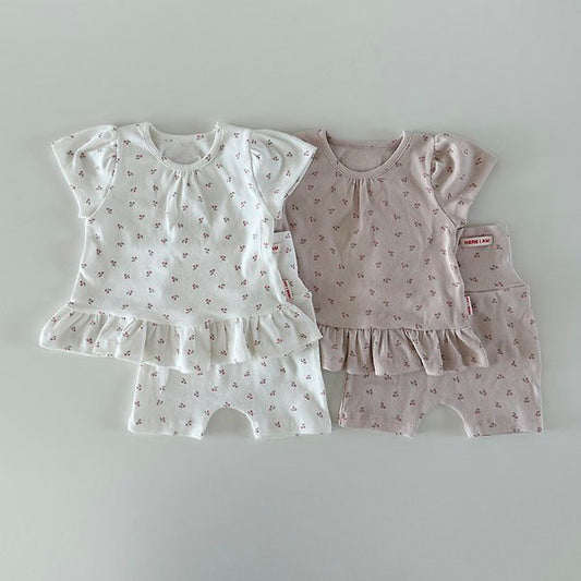 Cherry Ruffle Loungewear Korean infant loungewear in ivory made in Korea